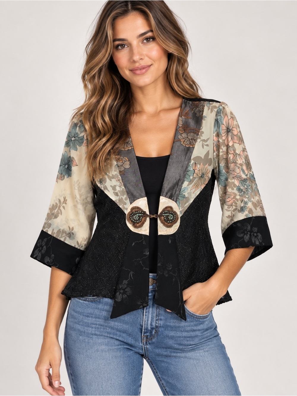 Vtg Spencer Alexis Petite S Women’s Silk Blend Kimono Jacket Sheer Floral Lace